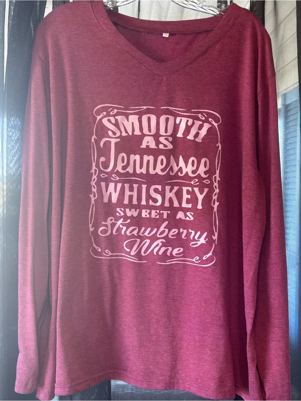 Women's cranberry Graphic V-Neck long sleeve top - Smooth as Tennessee Whiskey